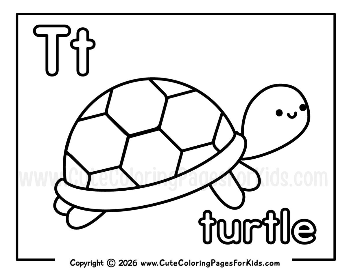 Letter T coloring sheet with a cute turtle to color in