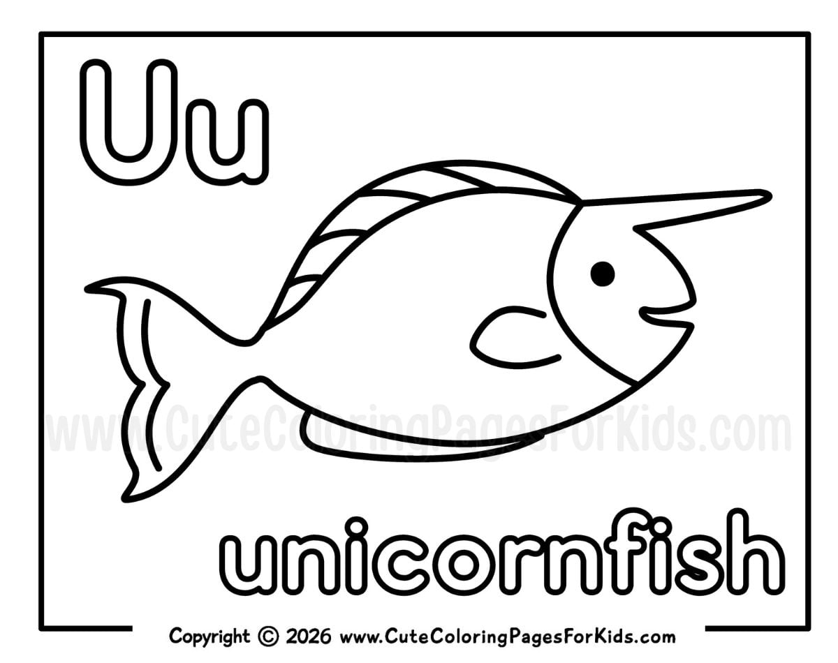 Letter U coloring page featuring a unicornfish illustration