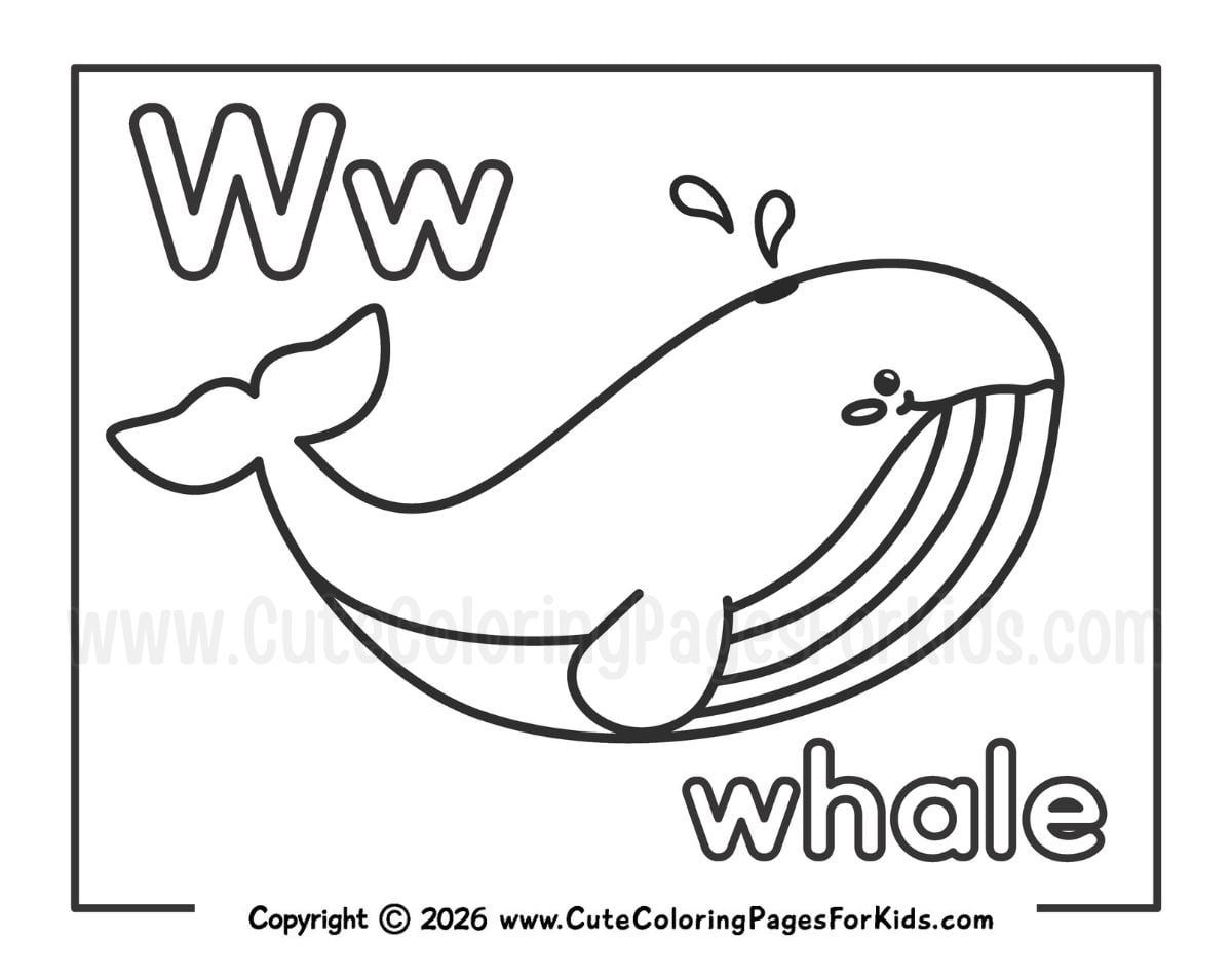 Coloring page for letter W with a whale to color in
