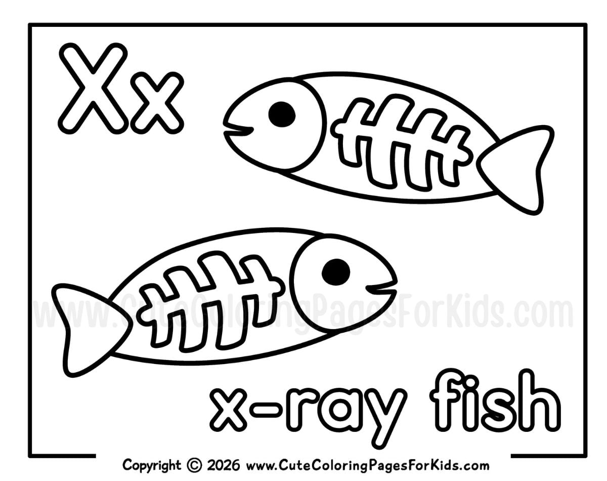 Letter X coloring page with simple line drawings of two cute x-ray fish