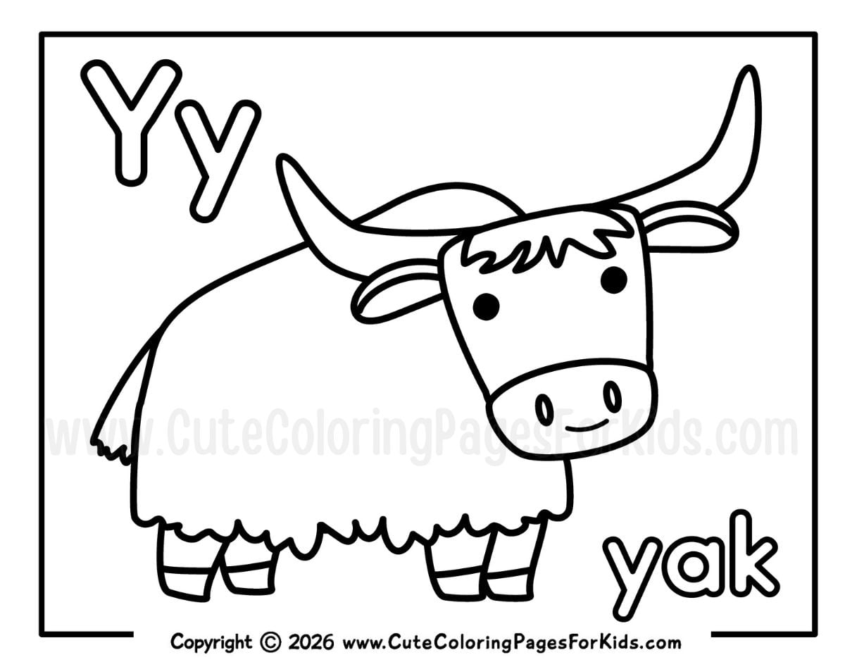 Letter Y coloring page featuring a yak illustration