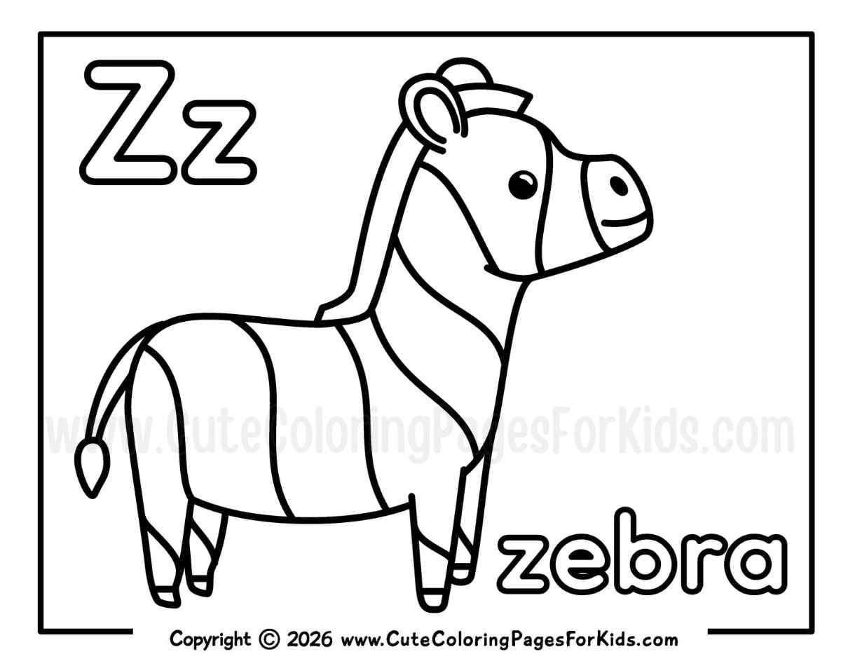 Letter Z coloring page with a zebra