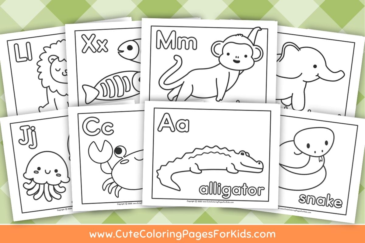 preview image of animal alphabet coloring pages, featuring 6 designs from cutecoloringpagesforkids.com