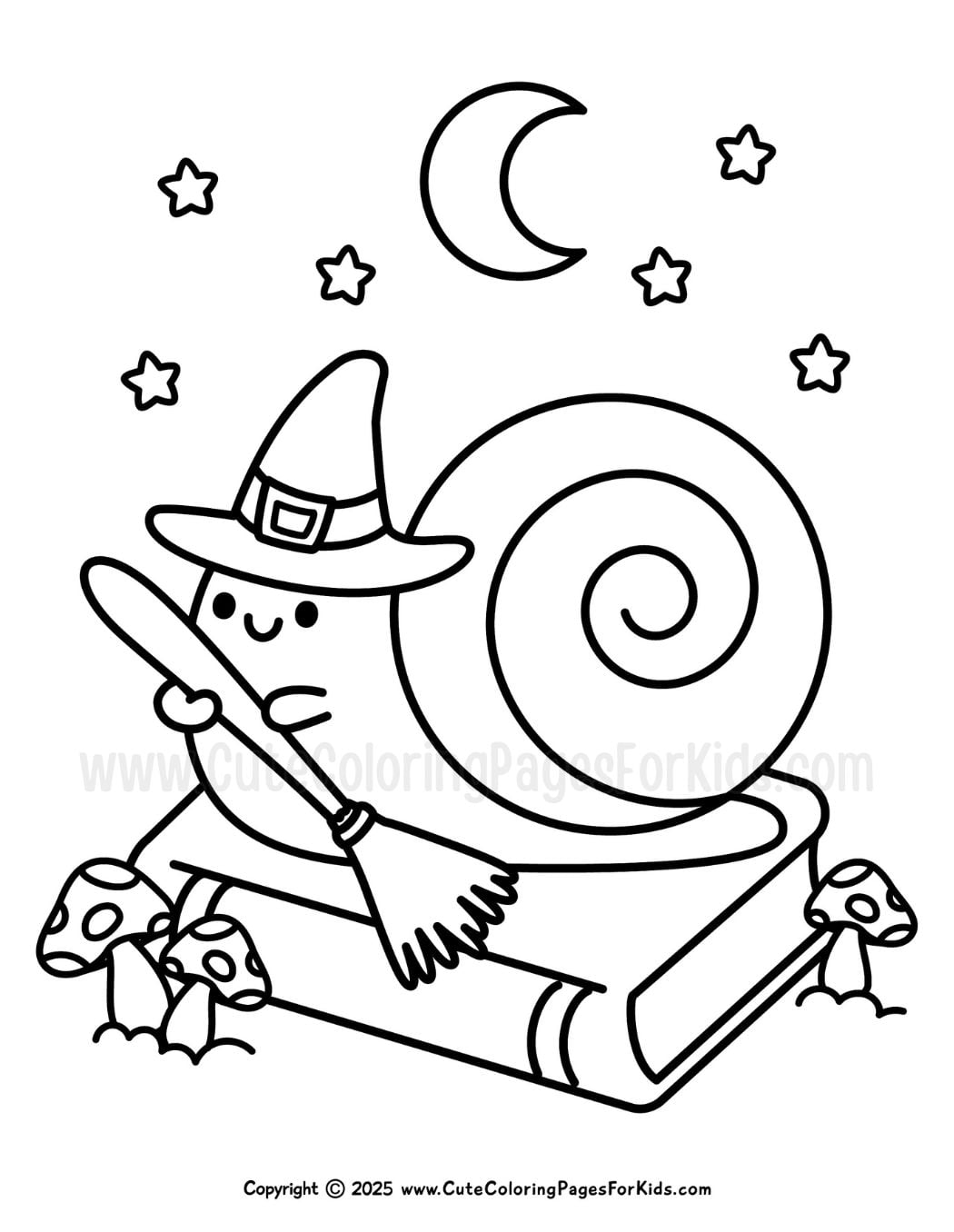 Halloween themed Coloring page with line drawing of a cute snail wearing a witch costume with moon and stars
