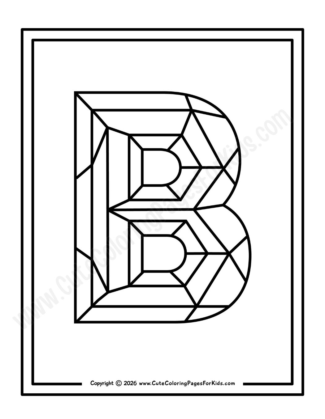 black and white line drawing of a faceted Letter B for kids to color