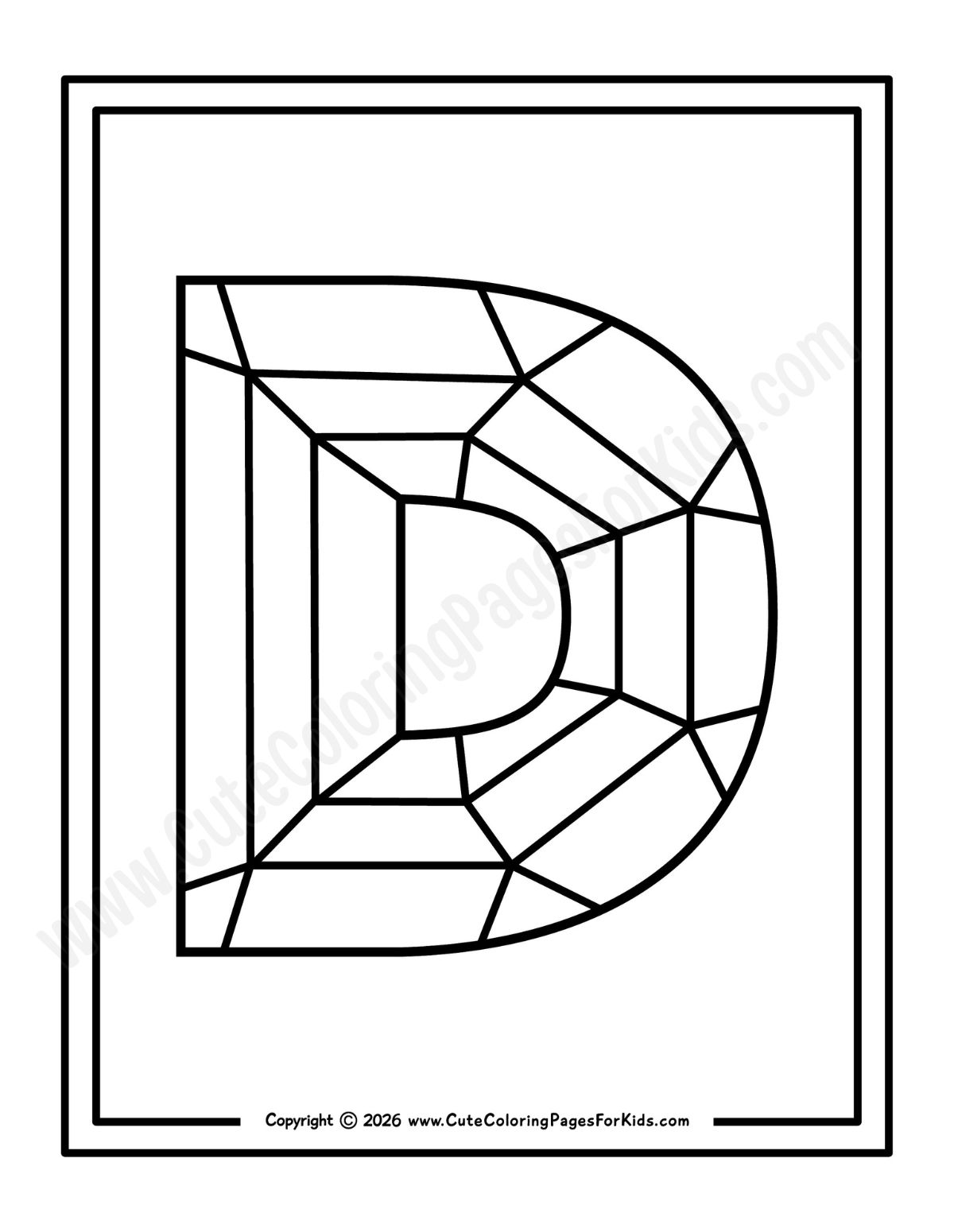 black and white line drawing of a faceted Letter D for kids to color