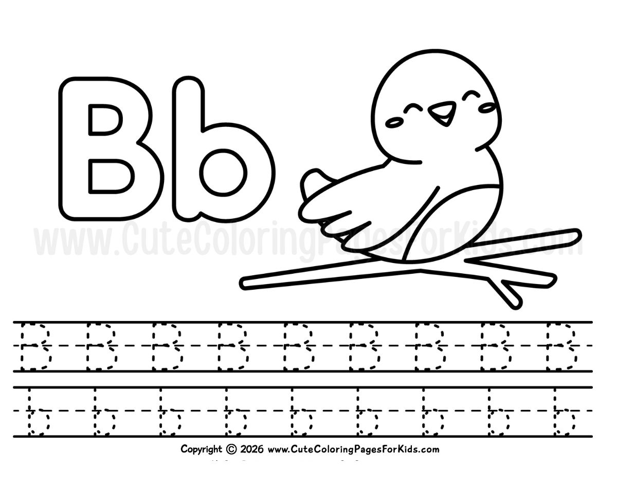 Letter B handwriting sheet with illustration of cute bird sitting on a branch to color