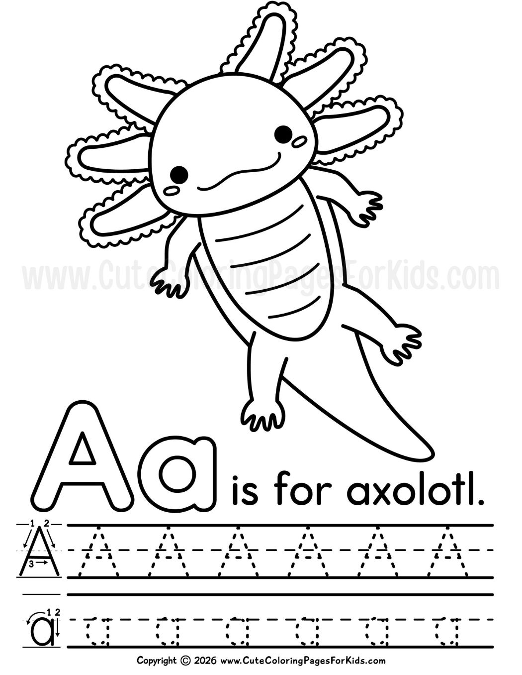 A is for Axolotl coloring page with letter a writing practice