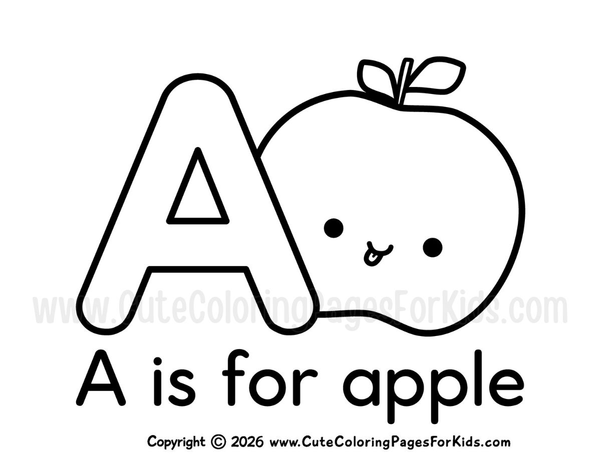 A is for Apple coloring page with cute apple