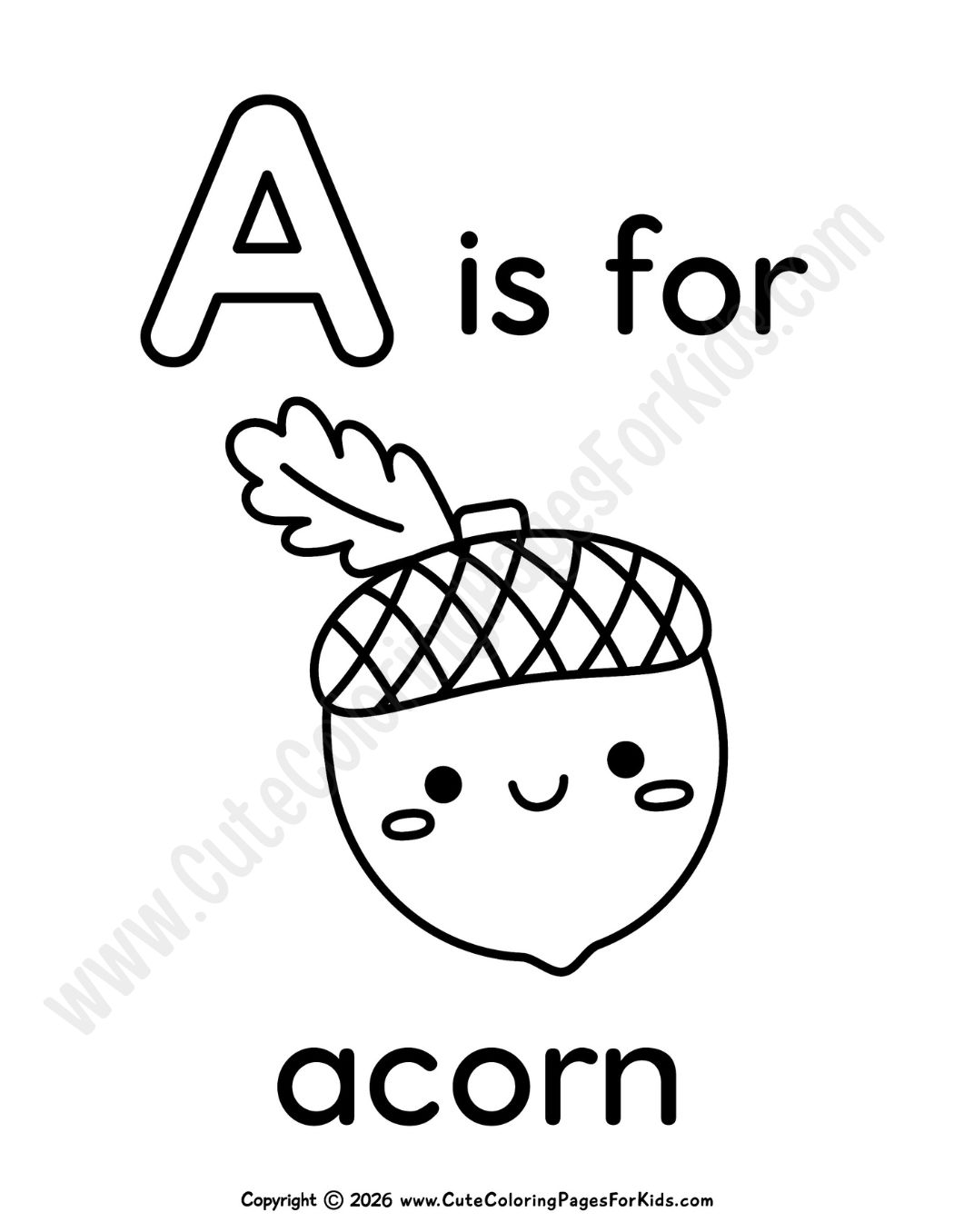 A is for Acorn coloring sheet with cute acorn picture to color