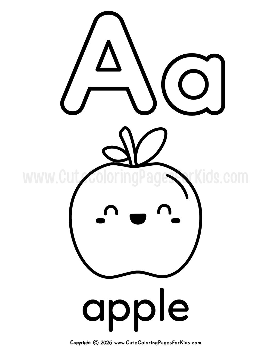 coloring page with uppercase and lowercase A, and cute apple