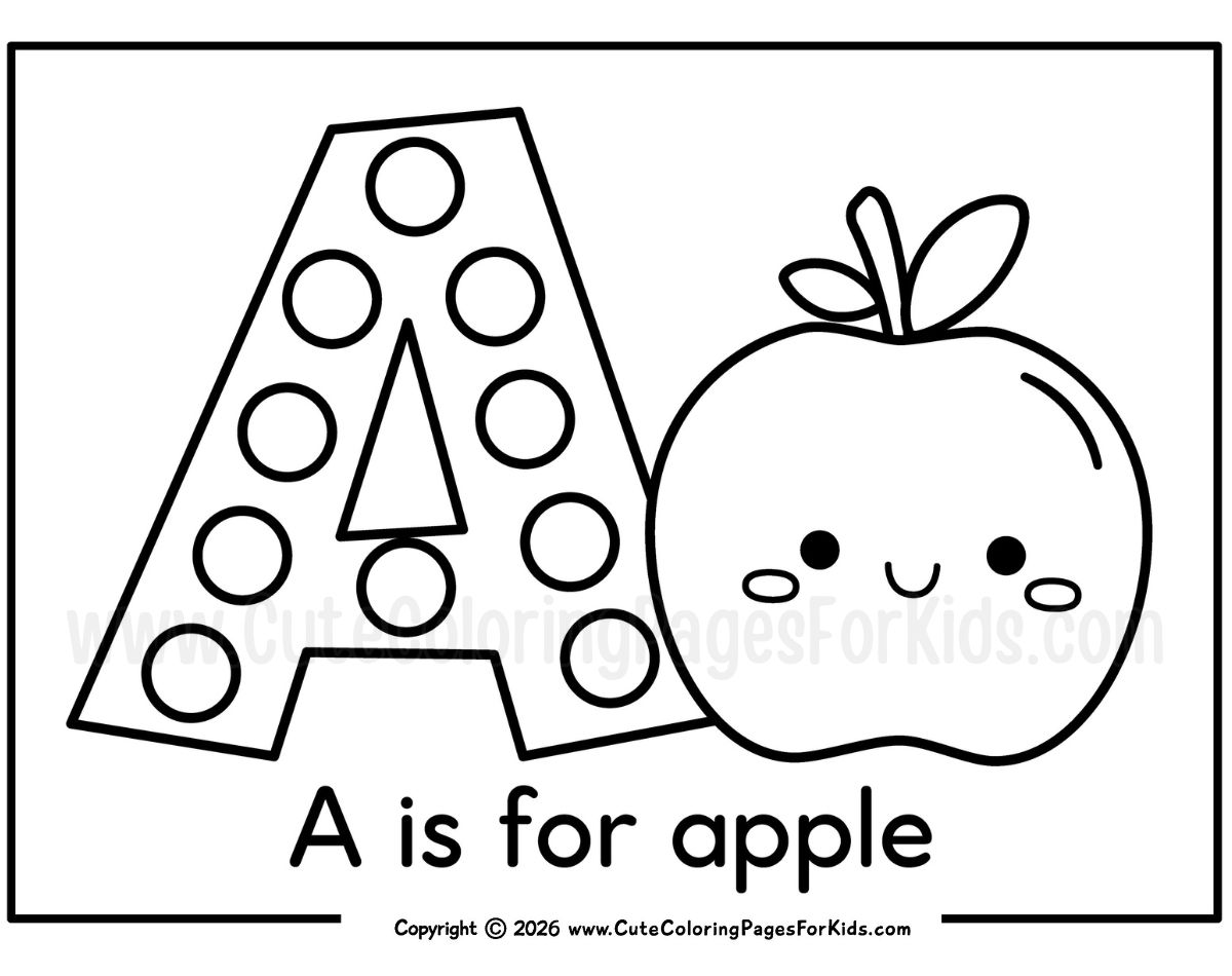 coloring page that has a letter A with dot marker dots and a cute apple to color