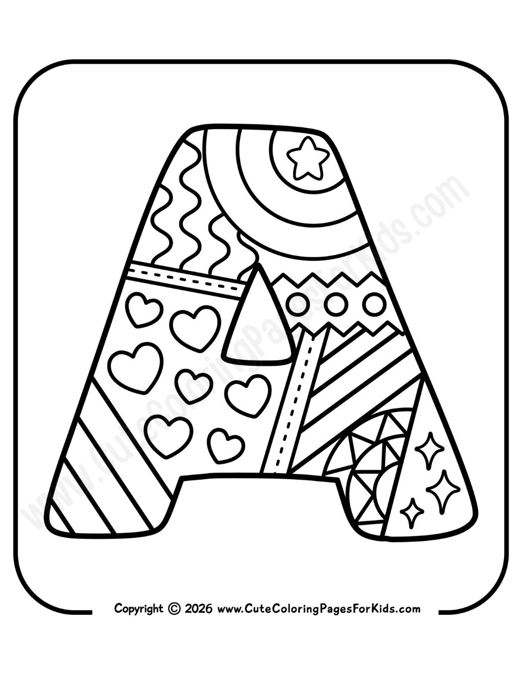 decorative letter A coloring page with doodle patterns