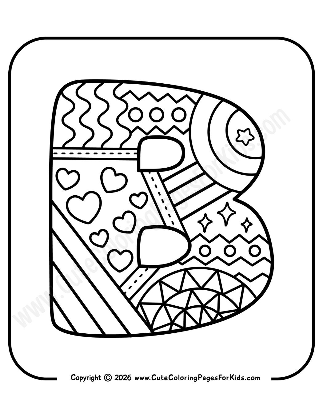 decorative letter B coloring page with doodle patterns