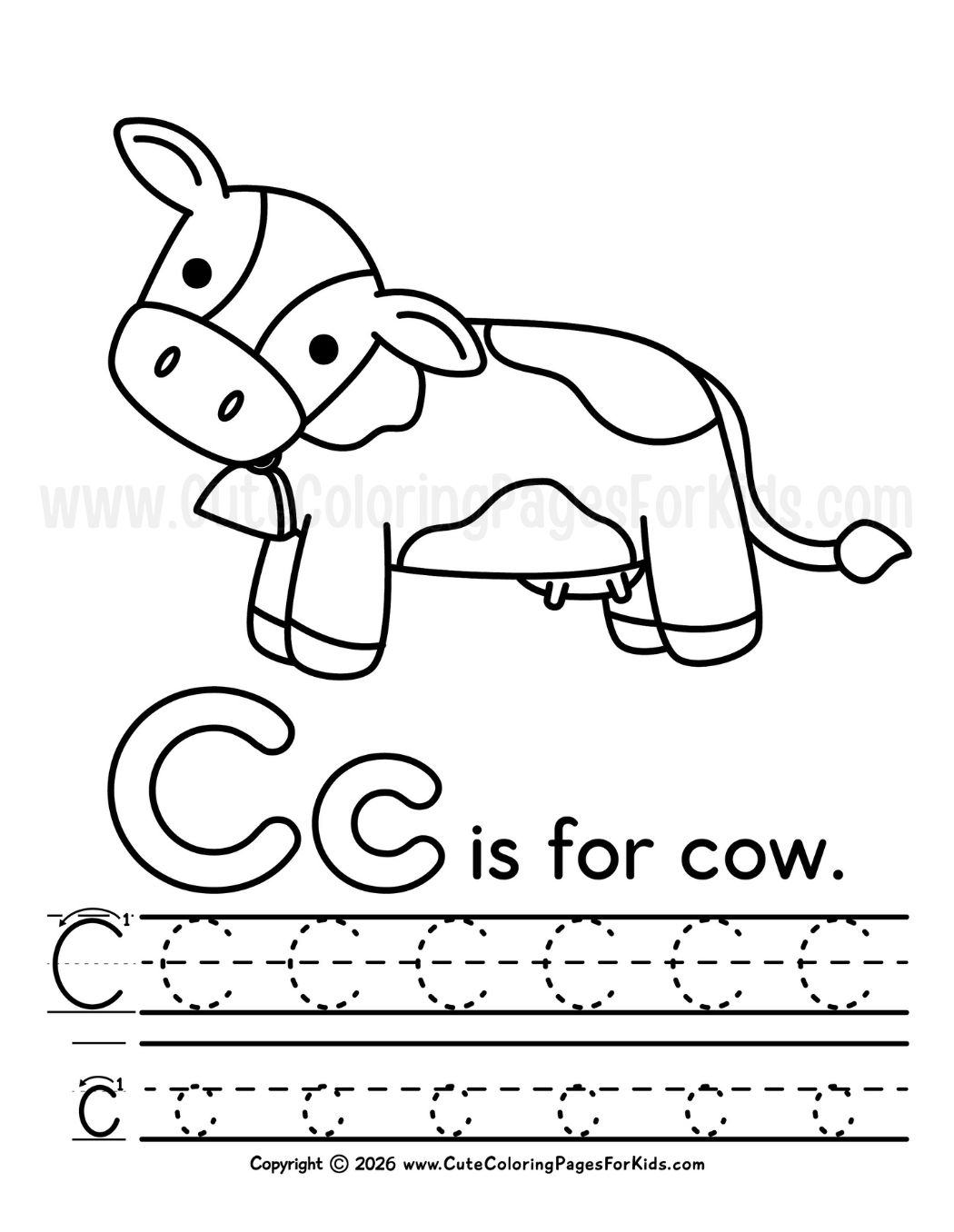 C is for Cow coloring page with letter C writing practice
