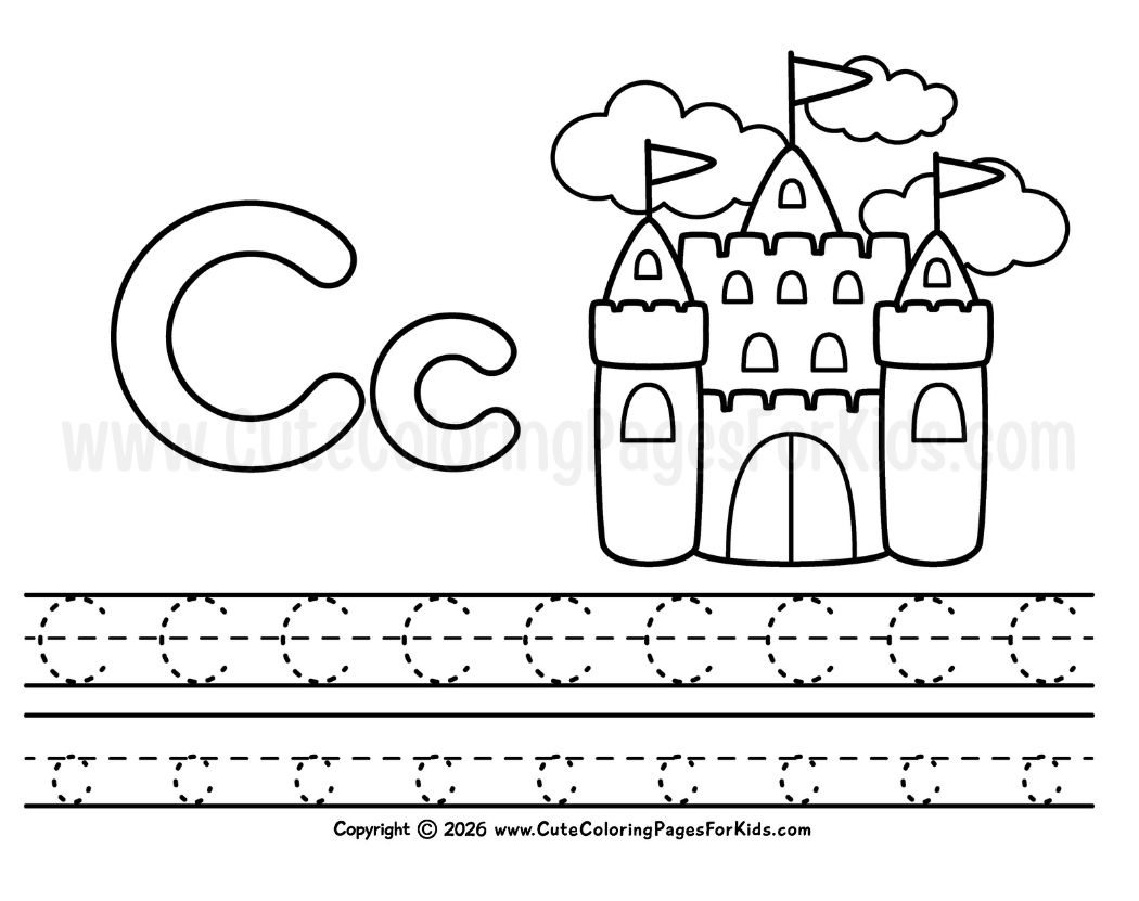 Letter C handwriting sheet with illustration of a castle among the clouds to color