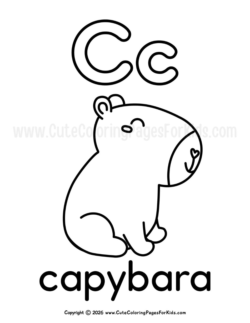coloring page with uppercase and lowercase C, and a line drawing of a capybara