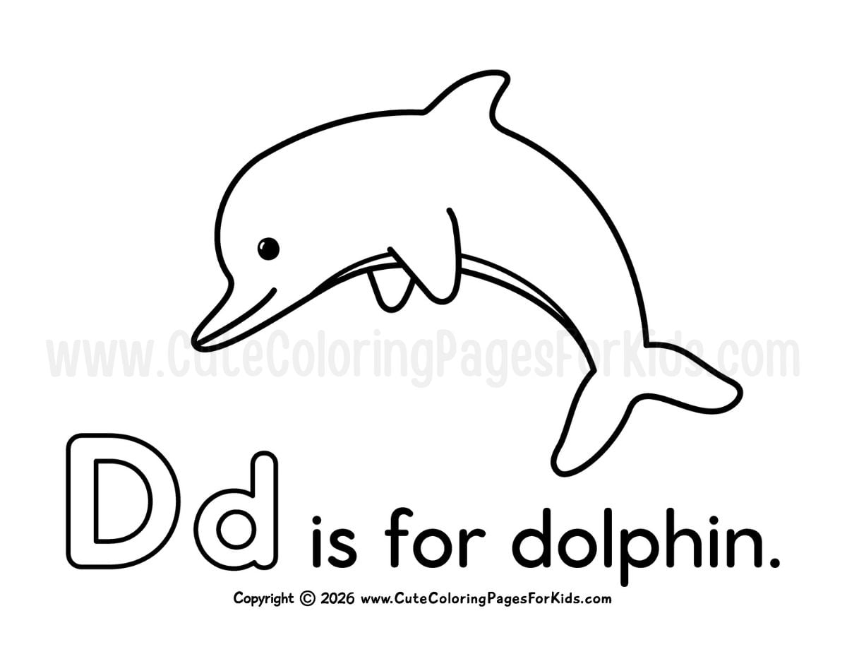 picture of a dolphin to color with the words "Dd is for dolphin"