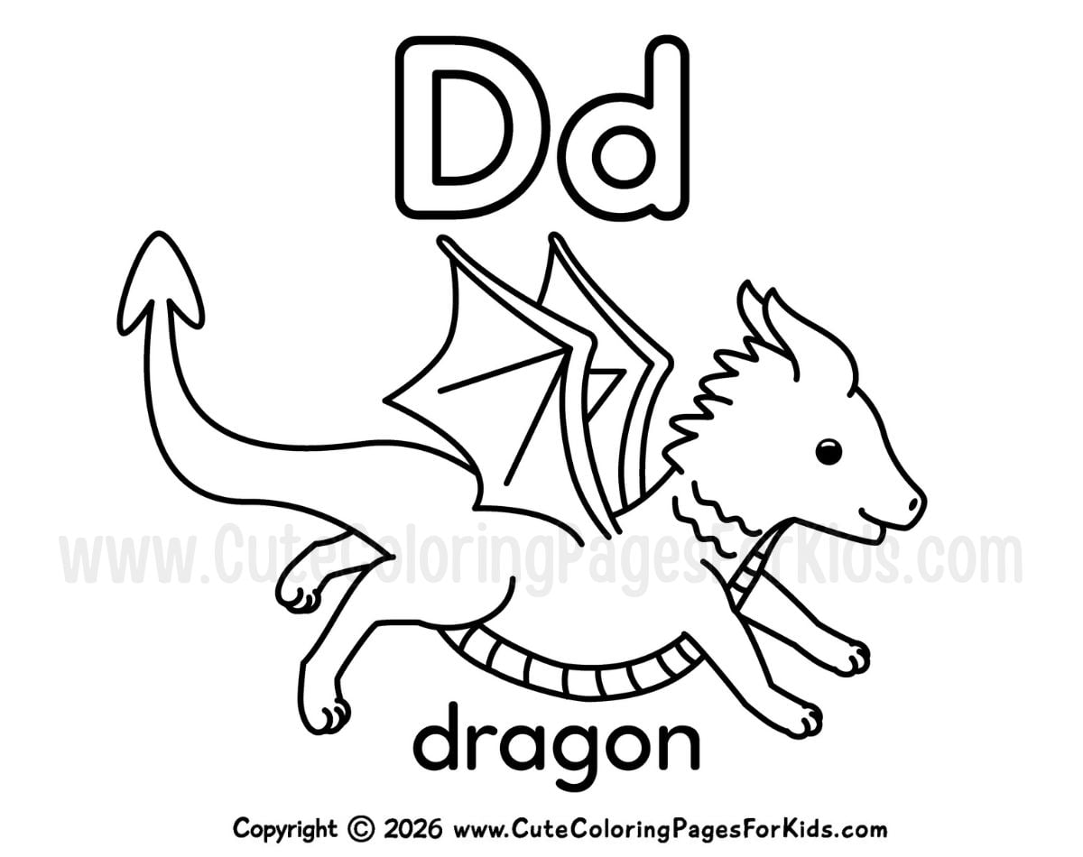 letter D coloring page with line drawing of a dragon and the letter D in upper and lowercase