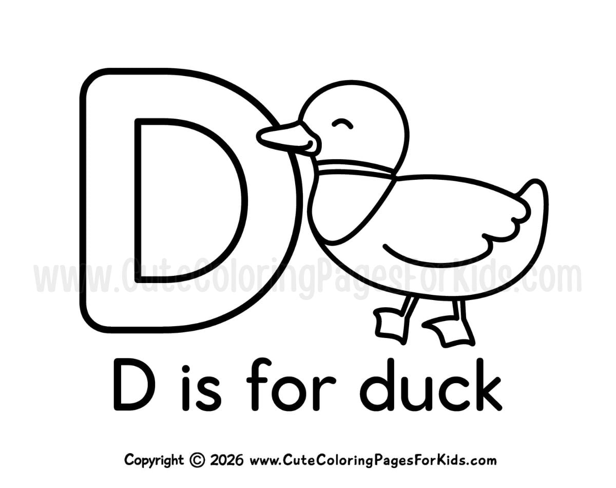 D is for duck coloring page with the letter D and a cute duck to color