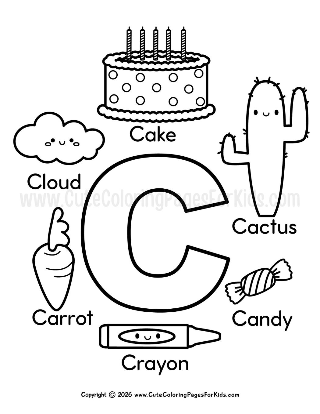 coloring page with big C and C-themed objects surrounding it (cake, cloud, cactus, carrot, candy, and a crayon)