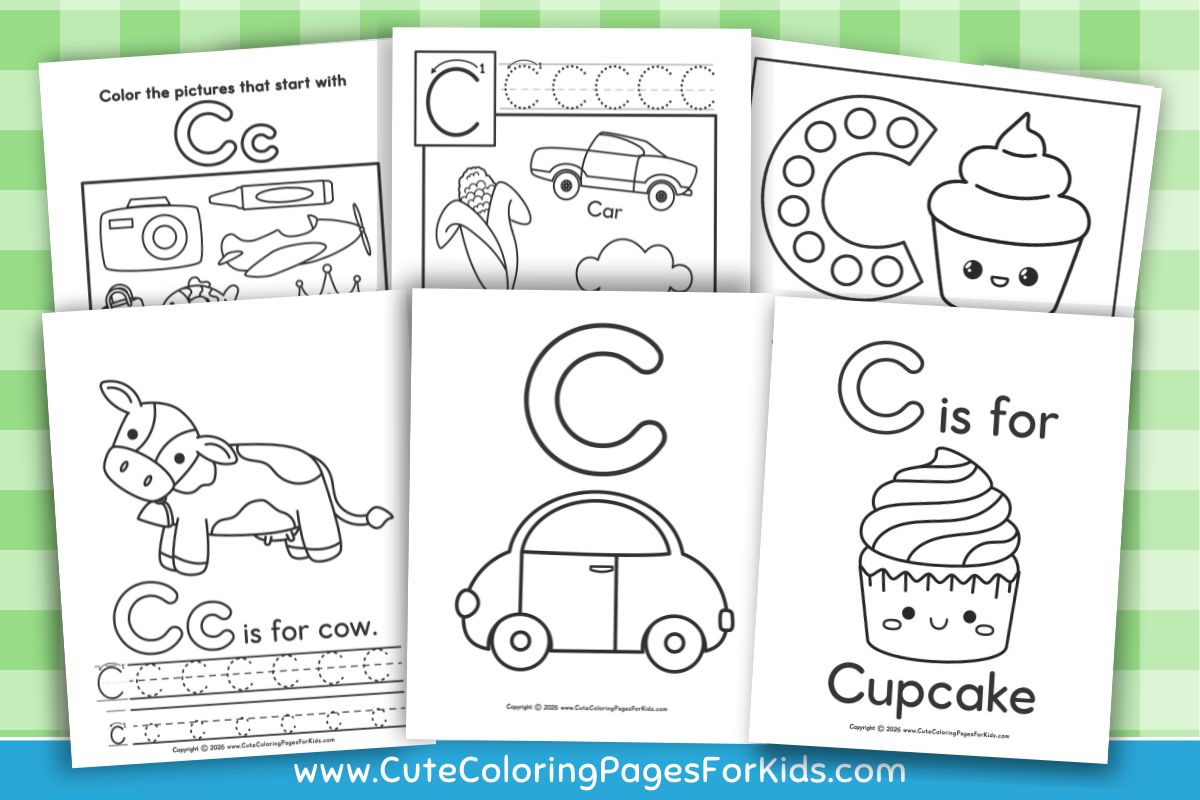 preview image of letter C coloring pages, featuring 6 designs from cutecoloringpagesforkids.com