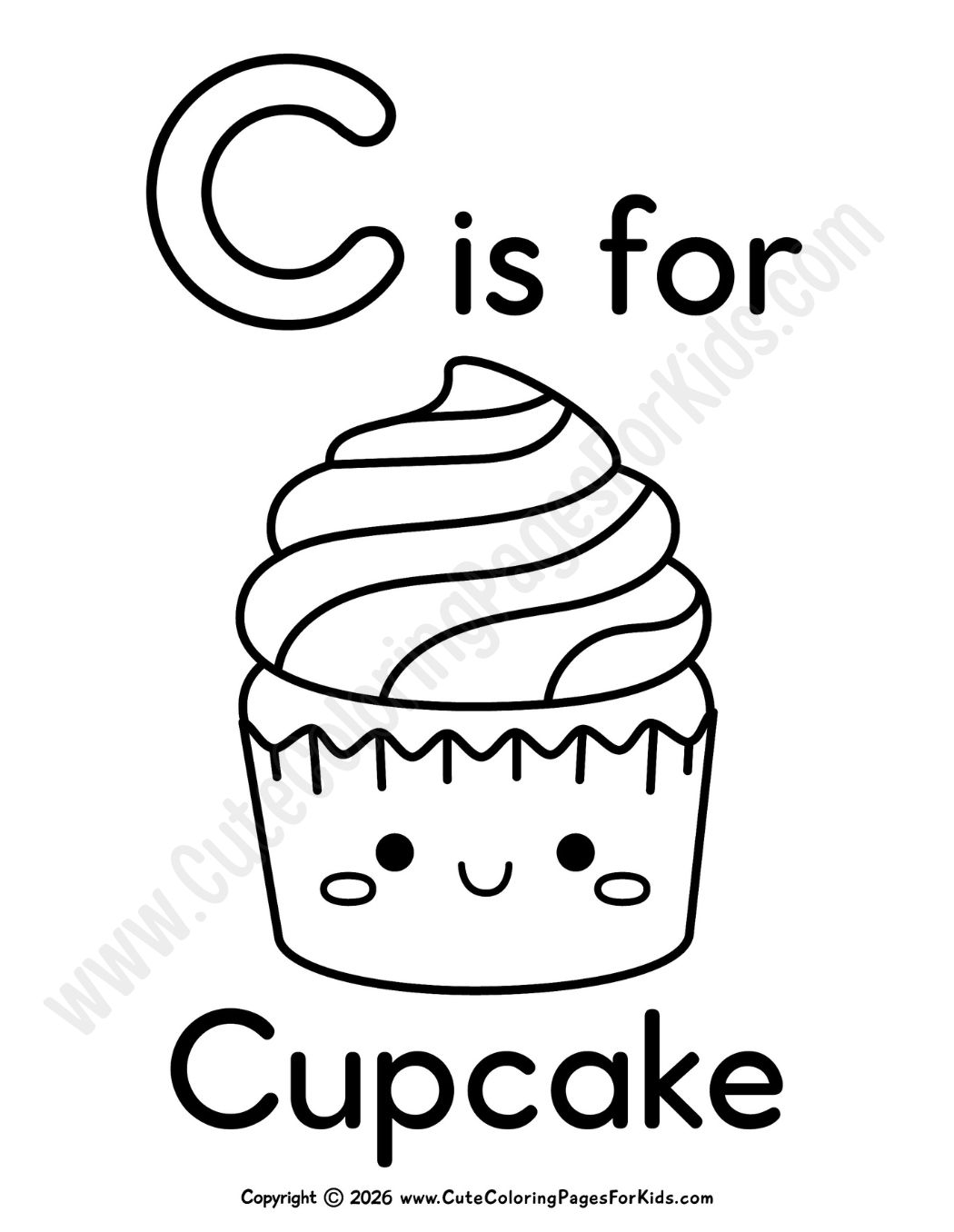 C is for Cupcake coloring sheet with cute cupcake to color