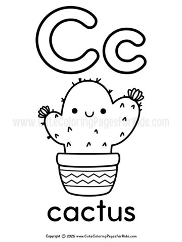 Letter C coloring sheet with an illustration of a cute cactus in a pot