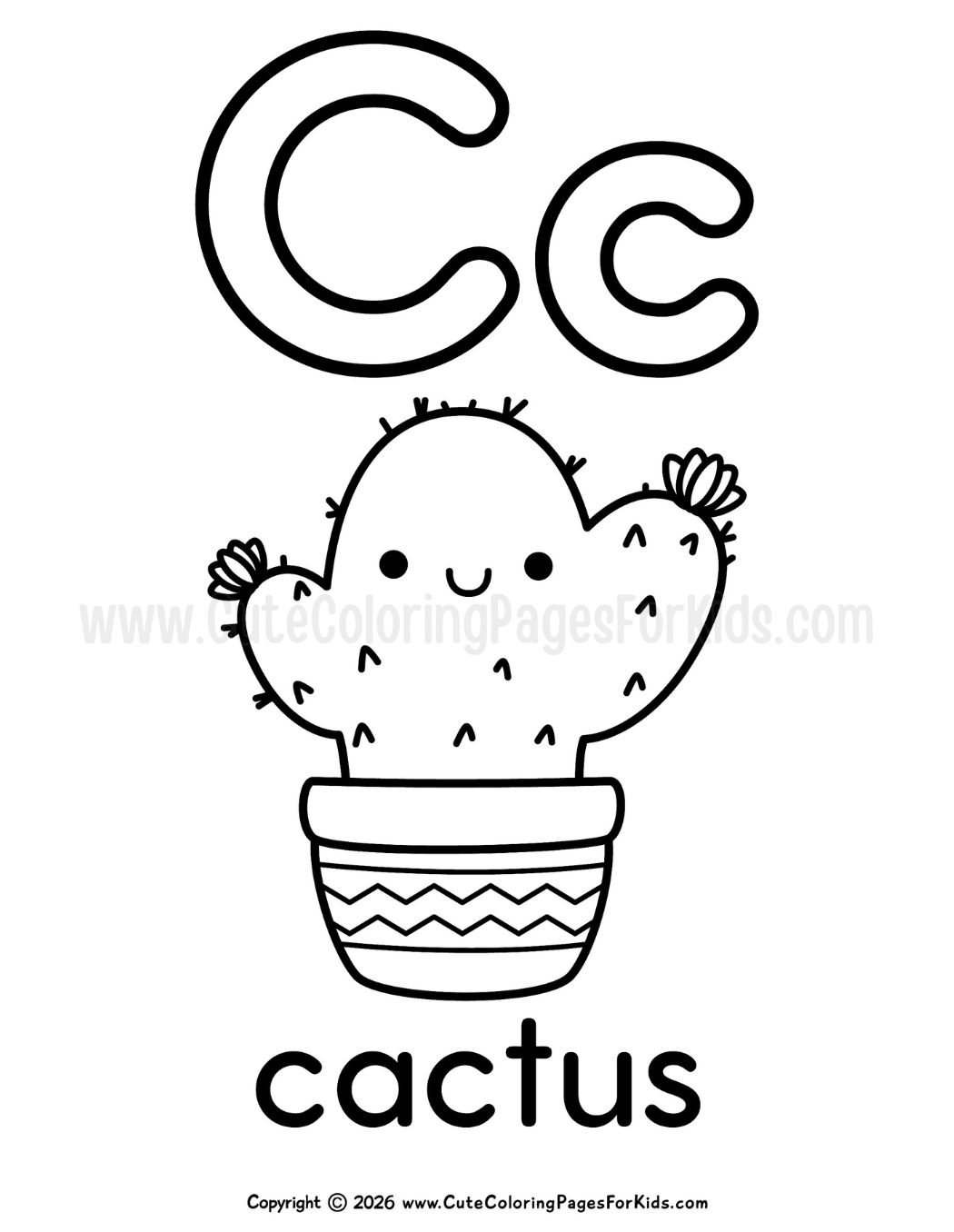 Letter C coloring sheet with an illustration of a cute cactus in a pot