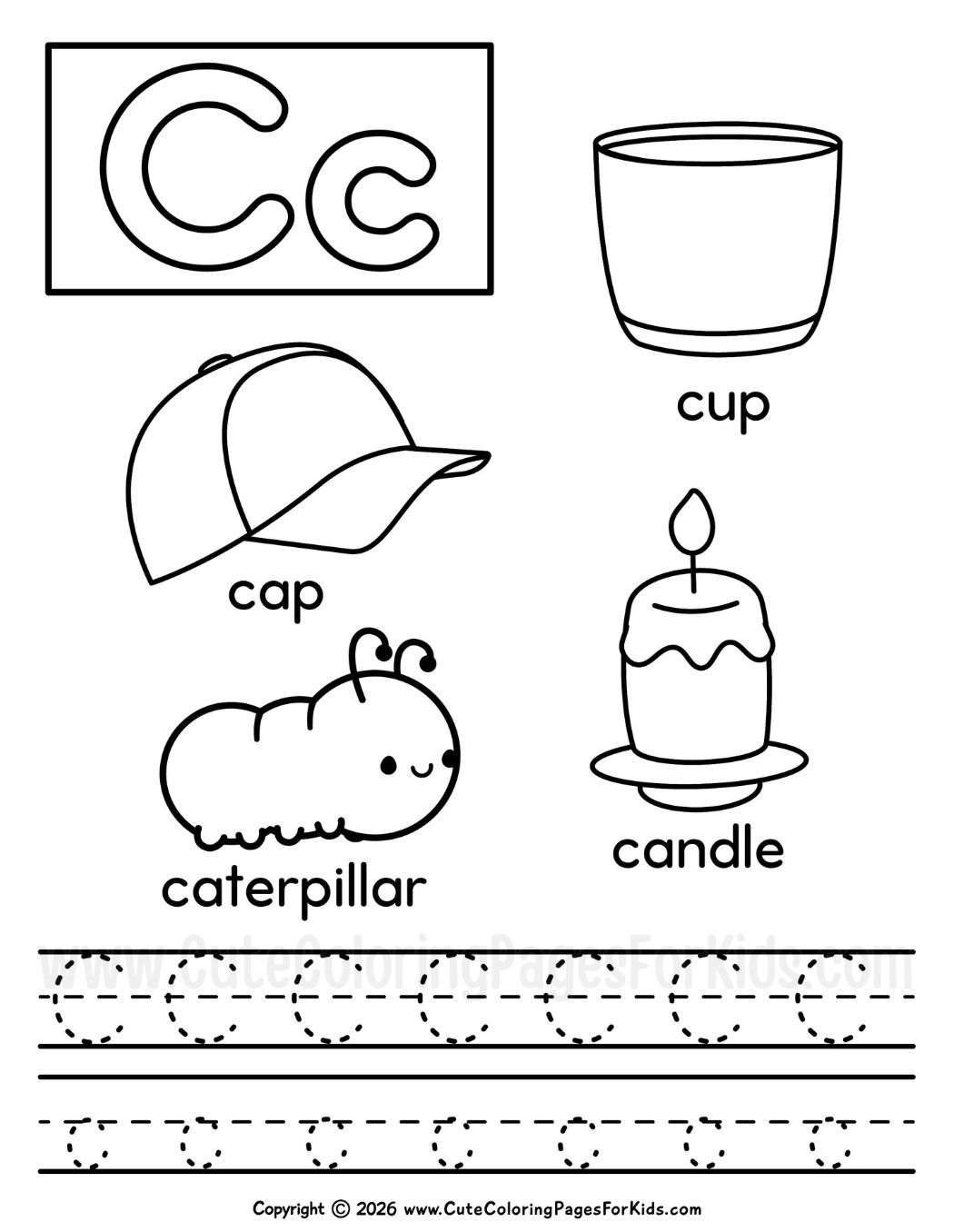 Letter C coloring page with a cup, cap, caterpillar, and candle, plus dashed letter C lines to trace