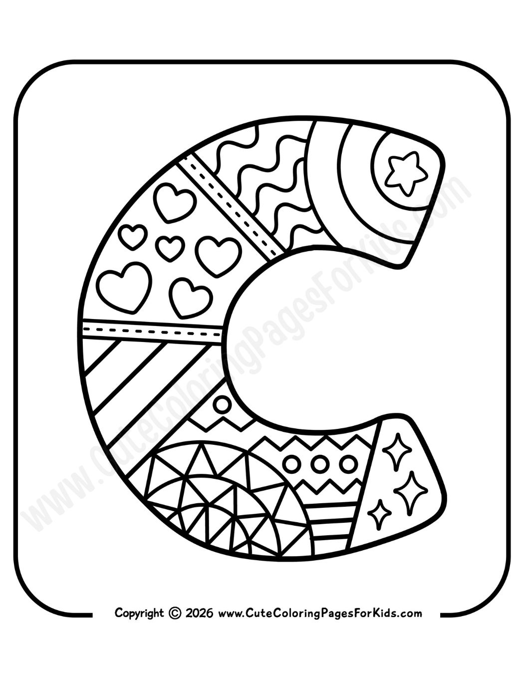 decorative letter C coloring page with doodle patterns