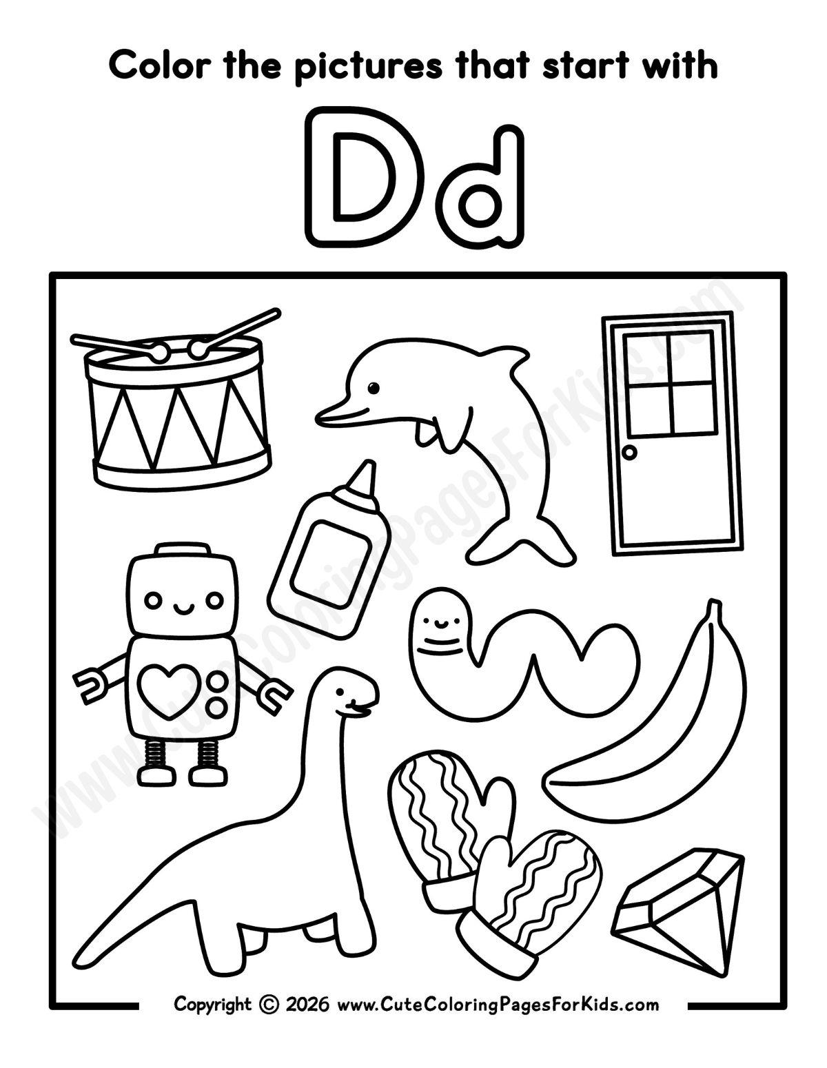 letter d coloring activity sheet for kids