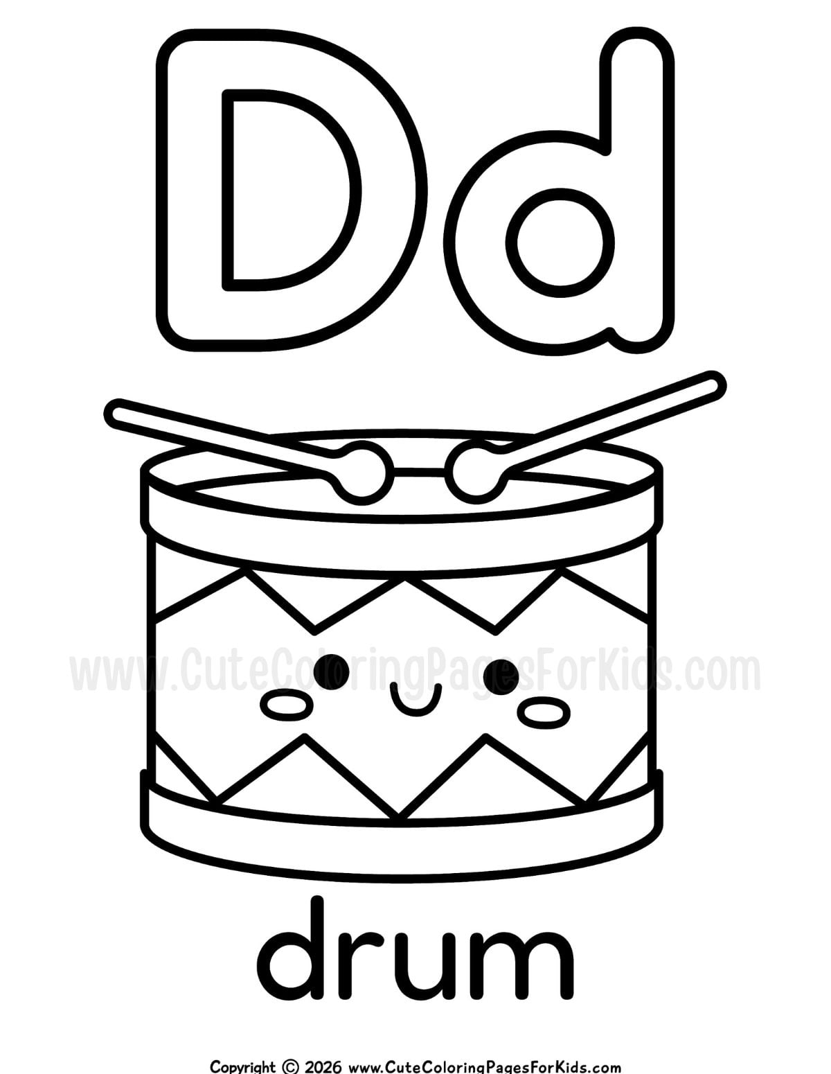 coloring page with uppercase and lowercase D, and a line drawing of a cute drum