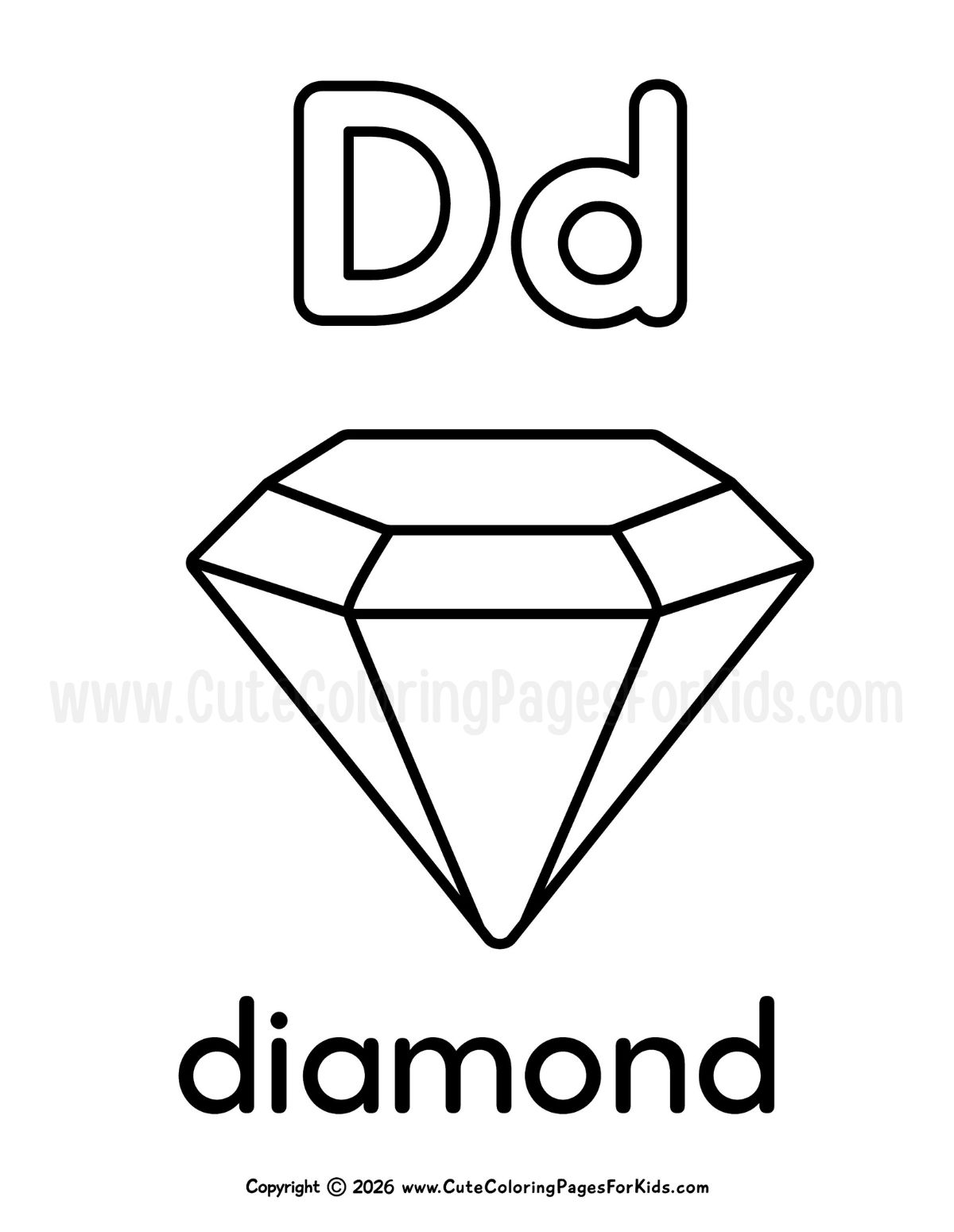 Letter D coloring sheet with a line drawing of a diamond
