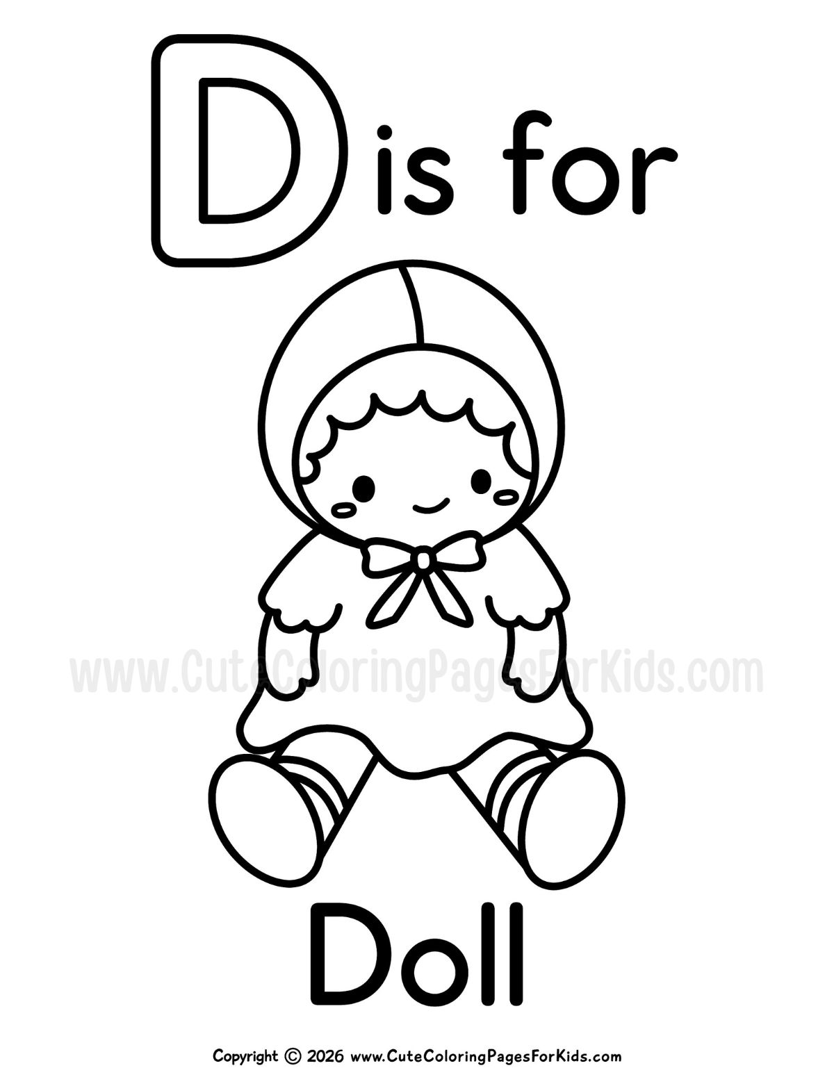 D is for Doll coloring sheet with cute baby doll to color