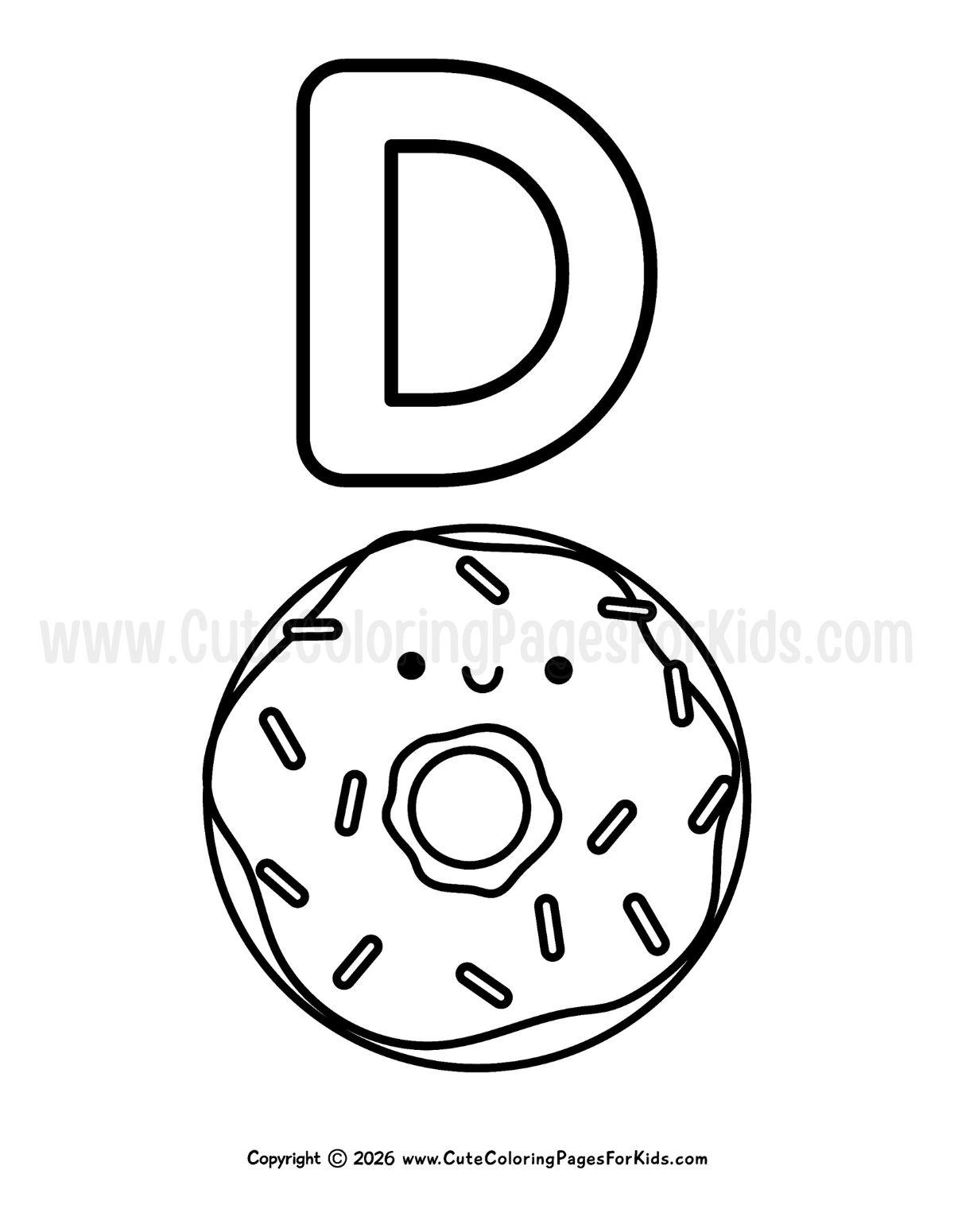 coloring page with line drawing of a cute donut and an uppercase D