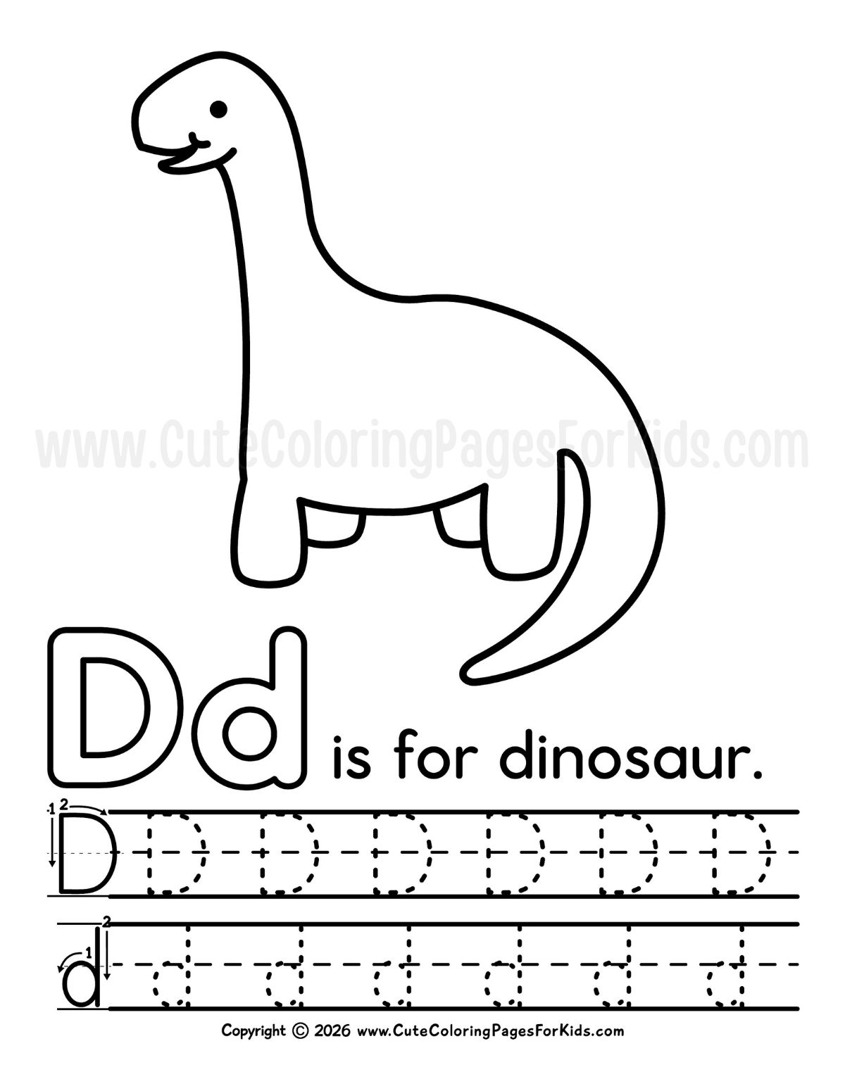 D is for Dinosaur coloring page with letter D writing practice