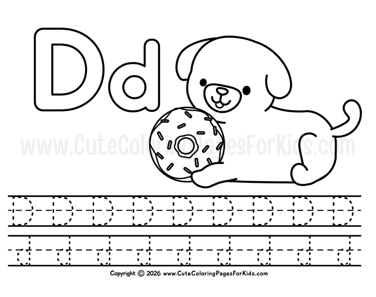 Letter D handwriting sheet with illustration of a dog holding a donut