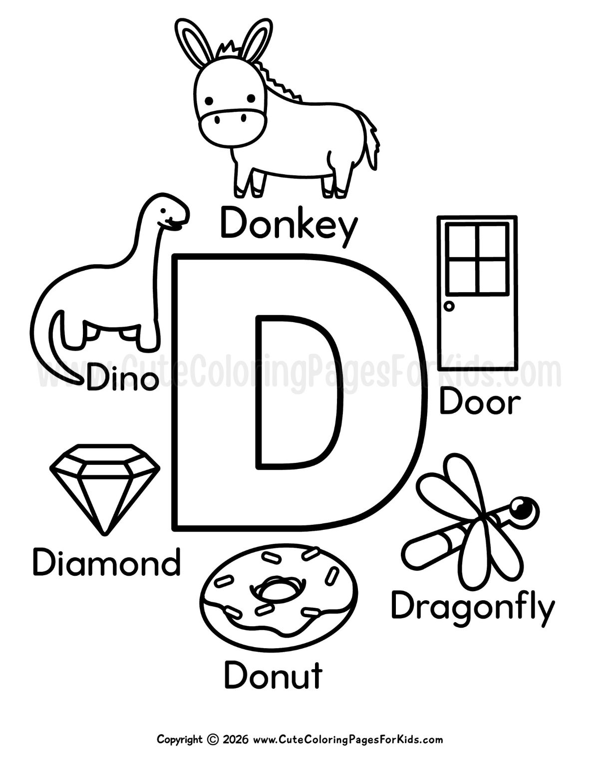 coloring page with big D and D-themed objects surrounding it (donkey, door, dragonfly, diamond, donut, and dino)