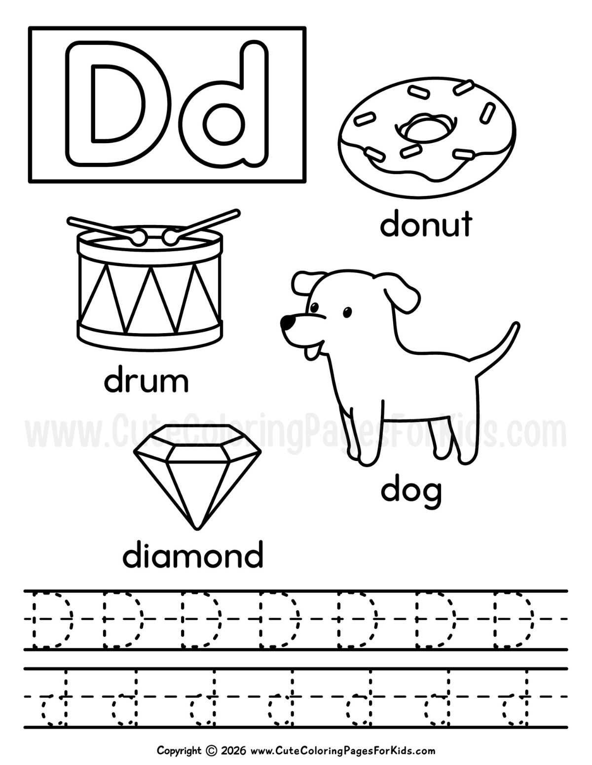 Letter D coloring page with a donut, dog, drum, and diamond, plus dashed letter D lines to trace