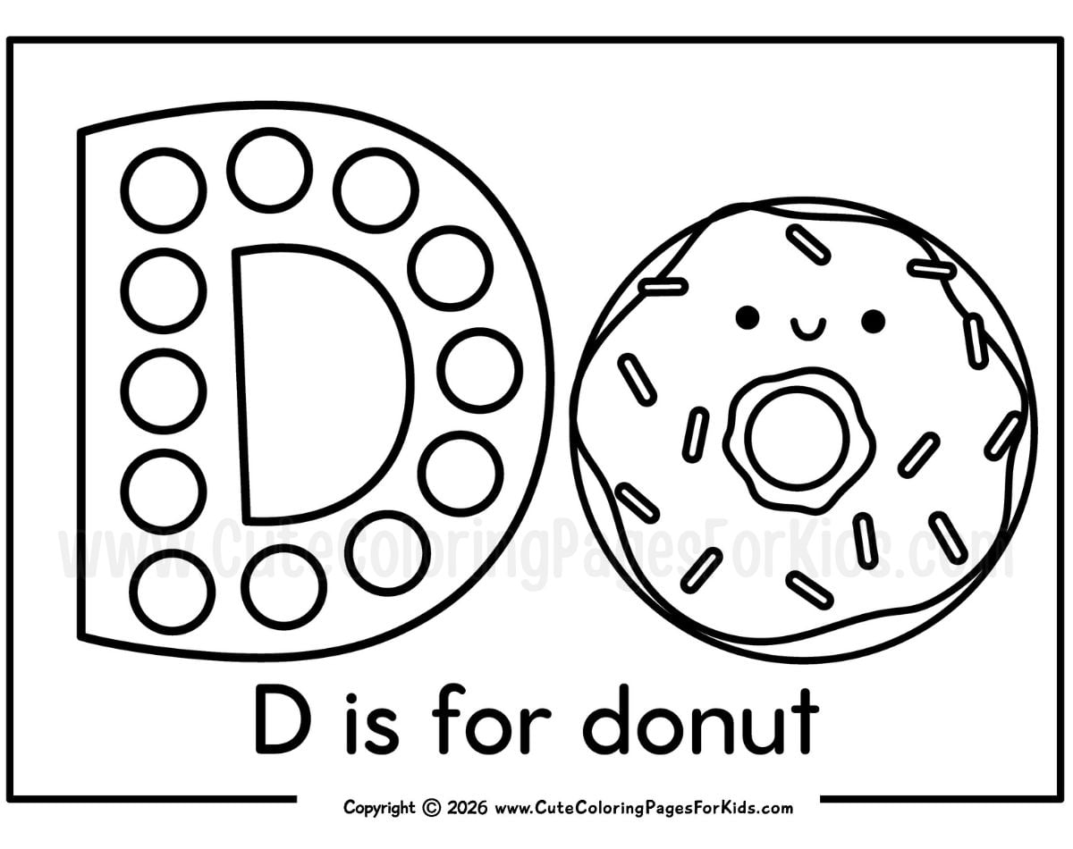 coloring page that has a letter D with dot marker dots and a cute donut to color