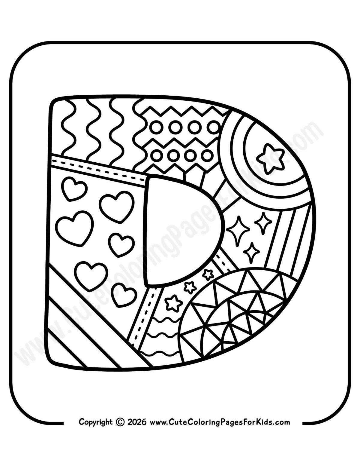 decorative letter D coloring page with doodle patterns