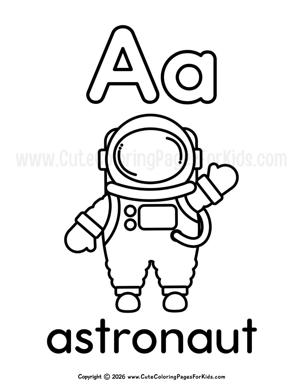 Letter A coloring sheet with an illustration of an astronaut waving hello