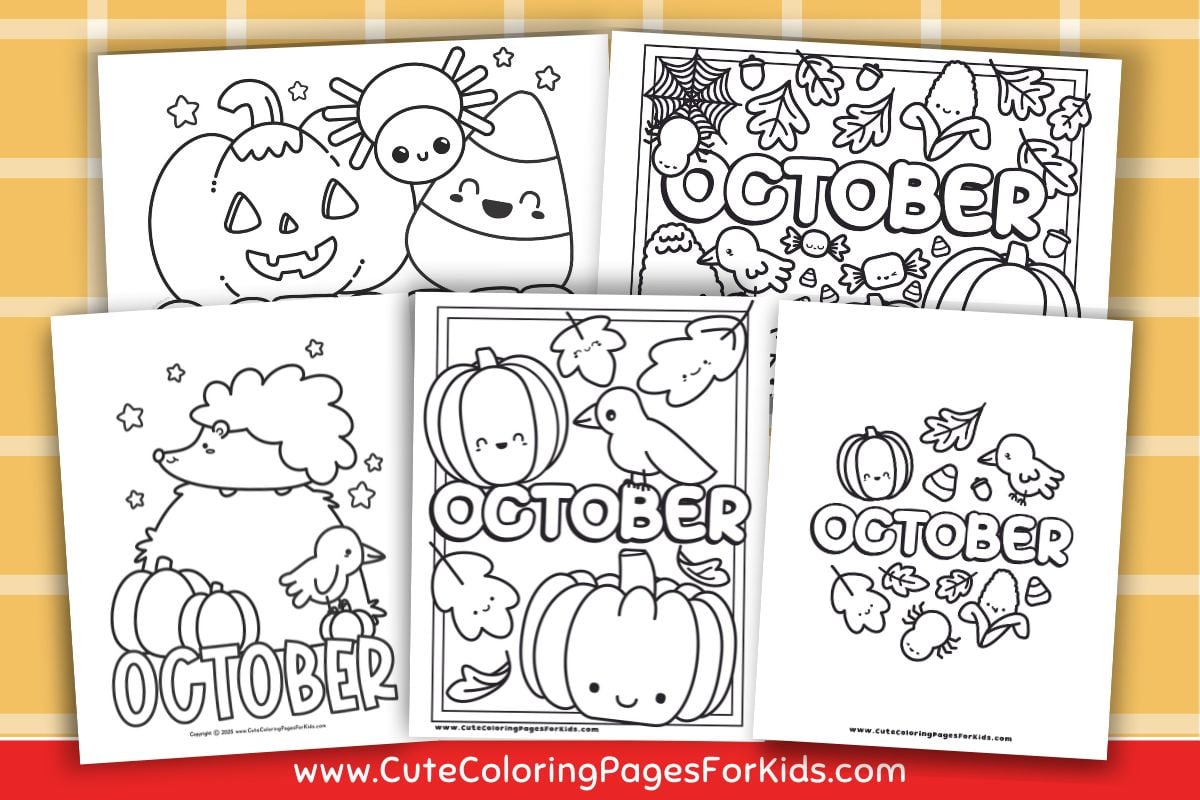 preview image showing 6 October-themed coloring pages for kids coloring sheets with the word October and elements like pumpkins, candy corns, leaves, and crows