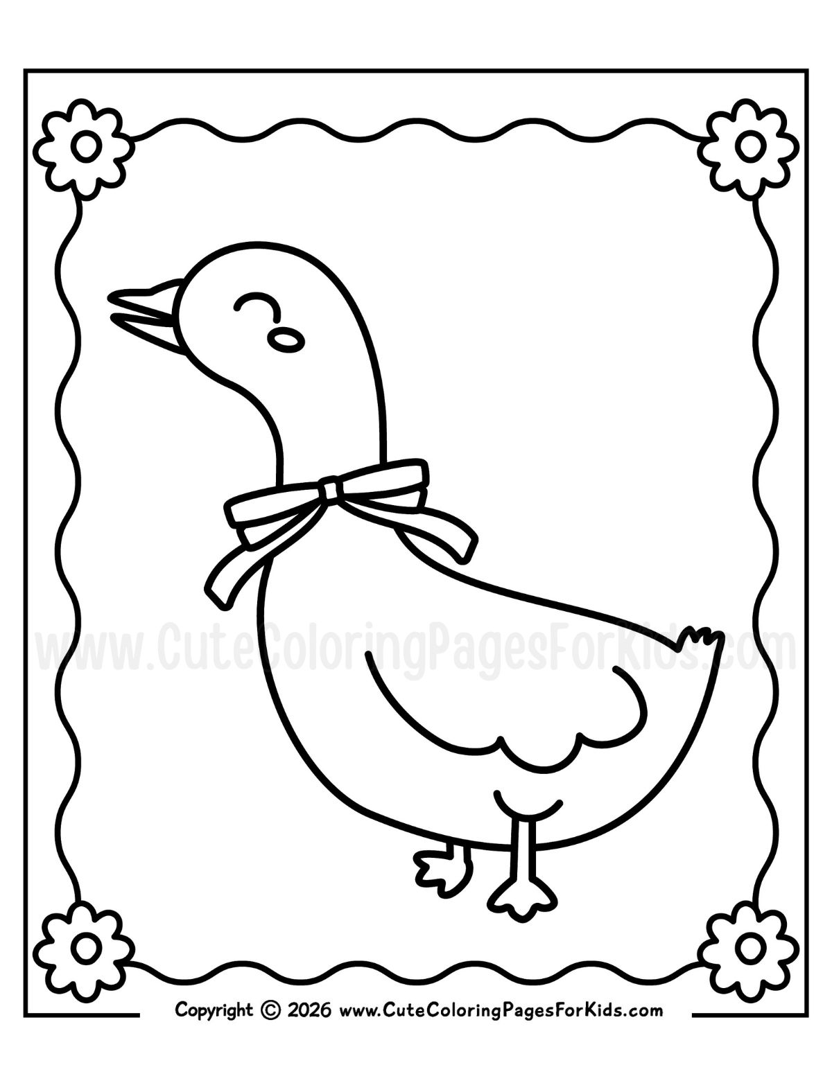 line drawing of cute goose wearing a bow around its neck, plus a decorative border with simple flowers