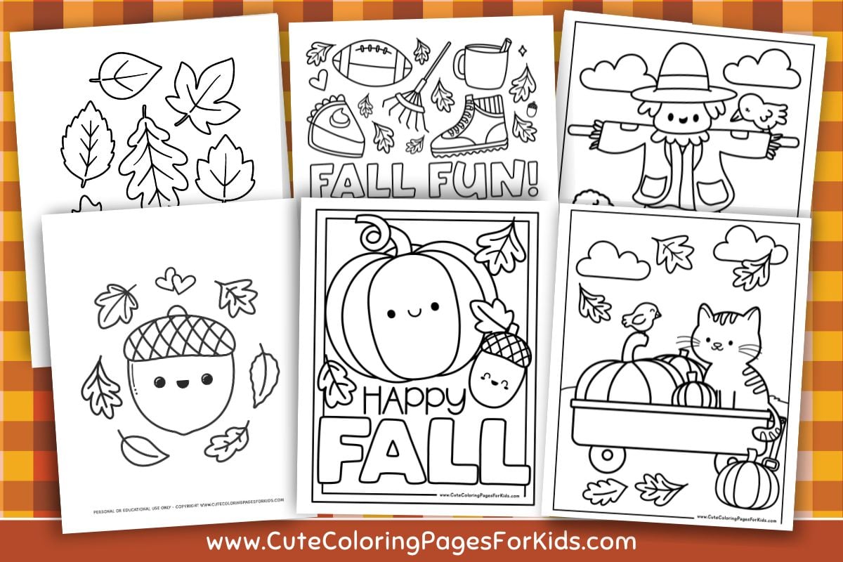 preview image showing a sample of 6 of the fall coloring pages available for download at cutecoloringpagesforkids.com