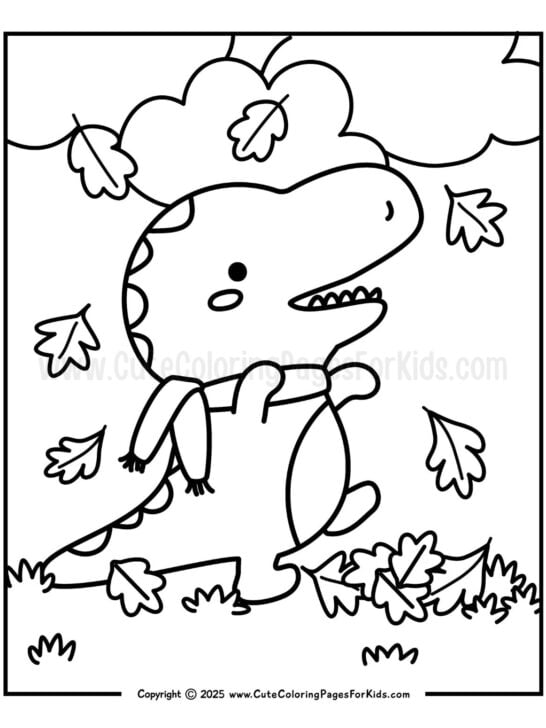fall coloring page featuring a cartoon dinosaur playing in the fall leaves