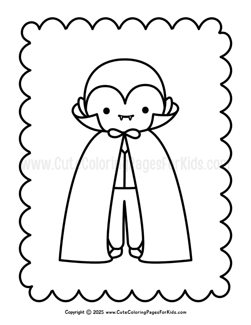 coloring page with simple line drawing of a cute dracula or vampire