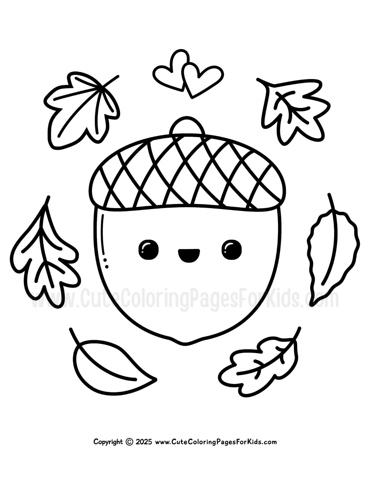 coloring page with simple line drawing of a kawaii acorn surrounded by fall leaves