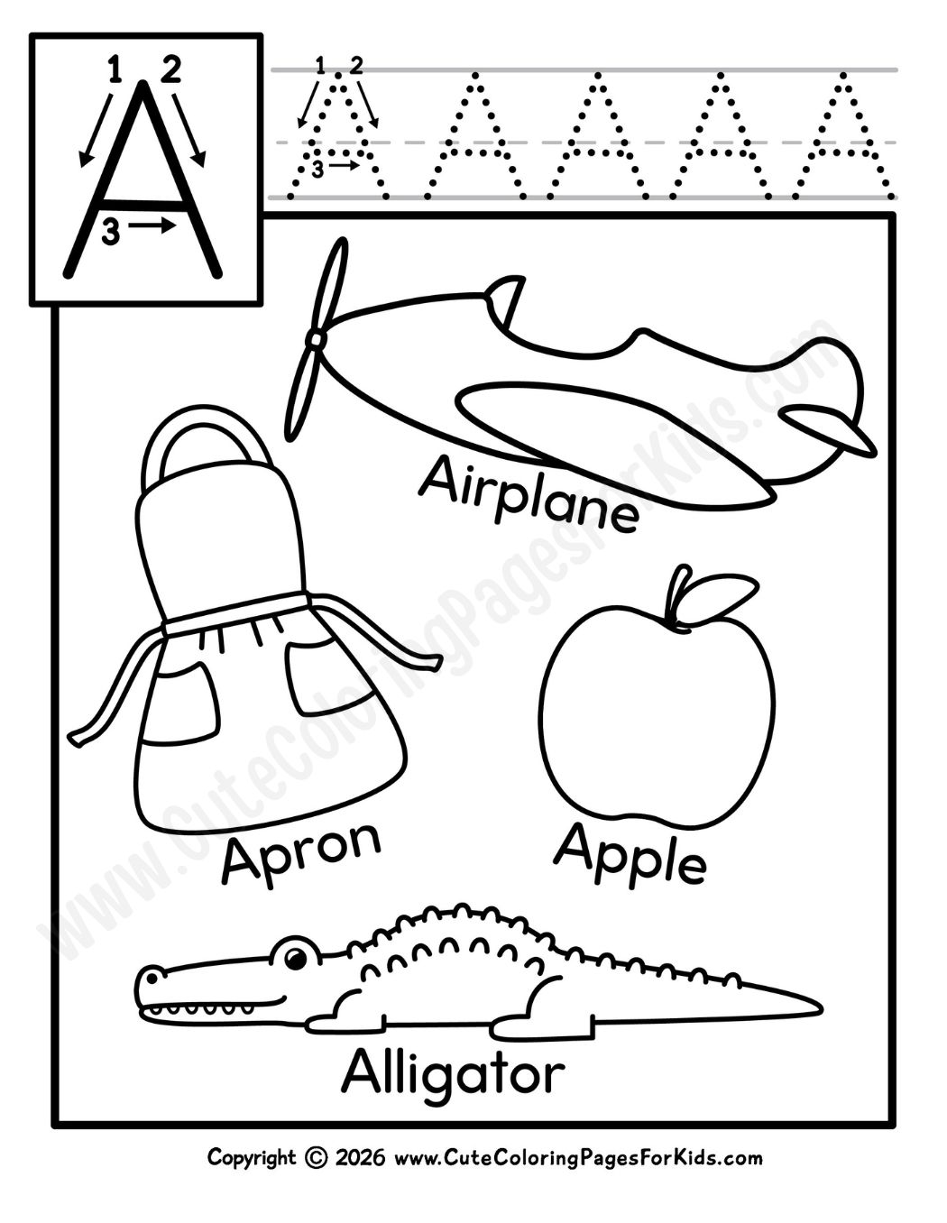 Letter a sheet for kids with uppercase writing practice and an apron, airplane, apple, and alligator to color